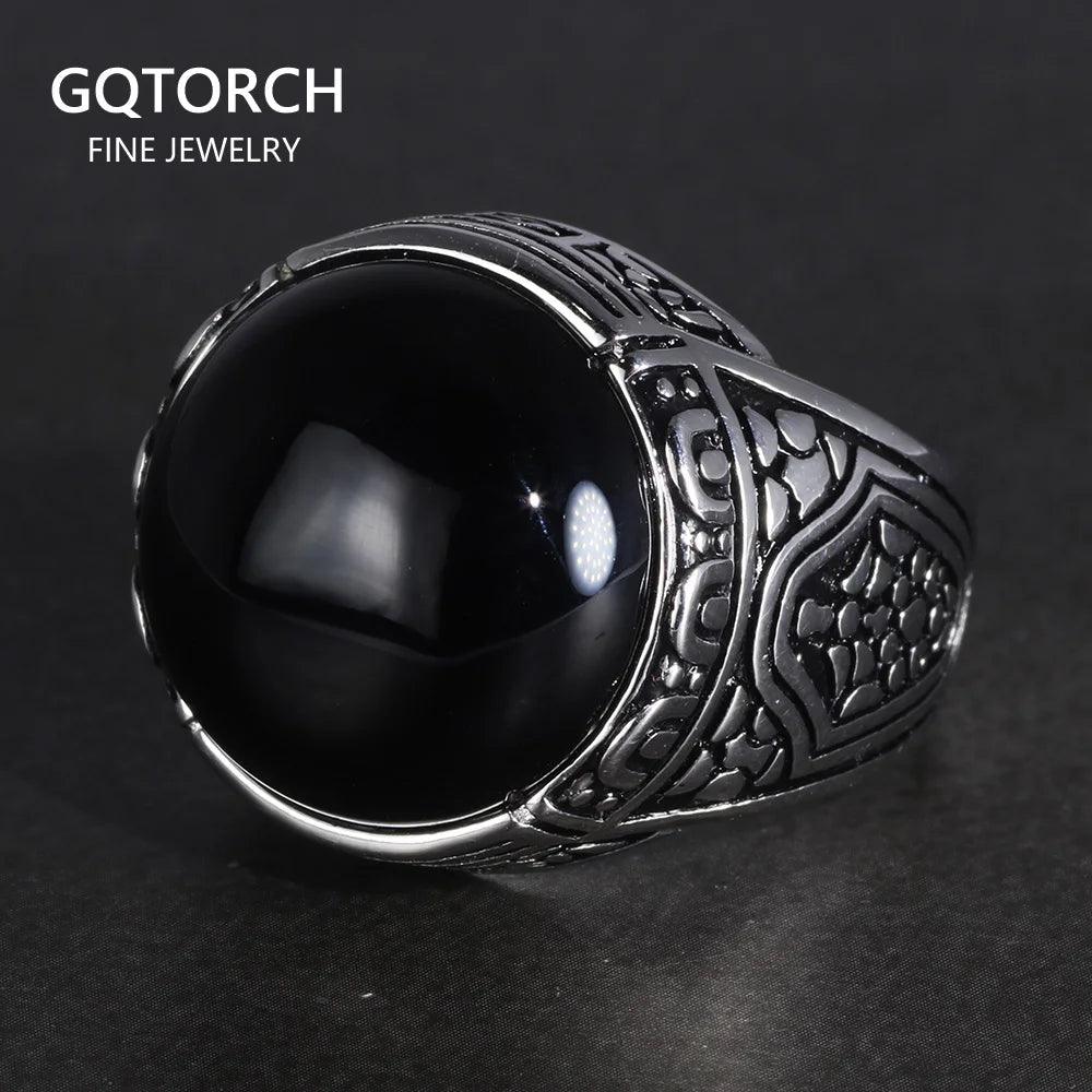 Real Pure 925 Silver Rings Cool Vintage Ring With Round Black Natural Stones Turkish Rings For Men Sterling Silver Jewelry - GQTORCH Jewelry