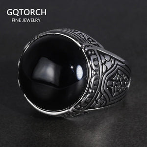 Real Pure 925 Silver Rings Cool Vintage Ring With Round Black Natural Stones Turkish Rings For Men Sterling Silver Jewelry - GQTORCH Jewelry