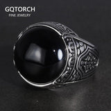 Real Pure 925 Silver Rings Cool Vintage Ring With Round Black Natural Stones Turkish Rings For Men Sterling Silver Jewelry - GQTORCH Jewelry