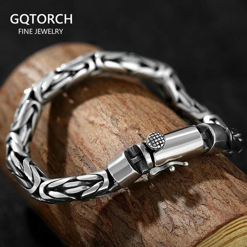 Sterling Silver 925 Viking Bracelet for Men Handmade Peace Pattern Thick Safe Toggle Buckle Hand-woven Chain - GQTORCH Jewelry