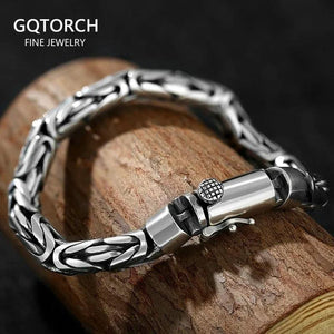 Sterling Silver 925 Viking Bracelet for Men Handmade Peace Pattern Thick Safe Toggle Buckle Hand-woven Chain - GQTORCH Jewelry
