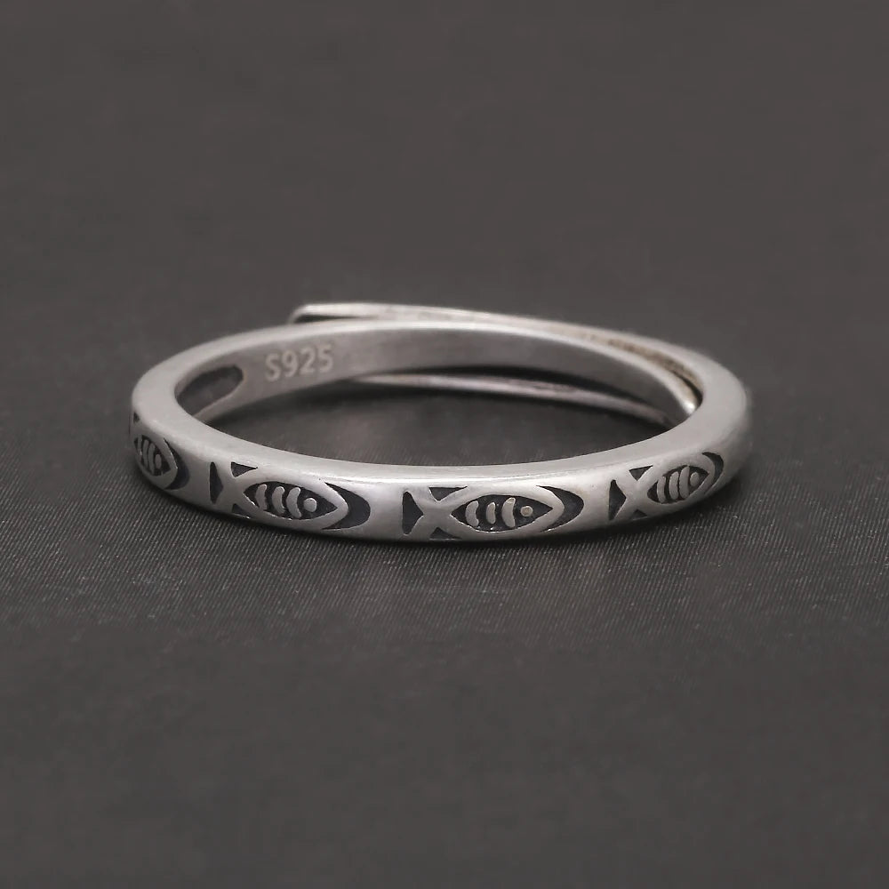 S925 Sterling Silver Fish Ring for Women Girl Adjustable 2mm Ethnic Style Vintage Lucky Ring Trendy Animal Jewelry Birthday Gift