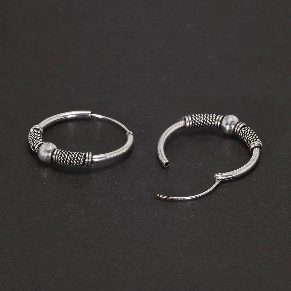 Real 925 Sterling Silver Hoop Earrings Antique Thai Silver Round Circle Hip Hop Punk Gothic Jewelry Party Gift - GQTORCH Jewelry
