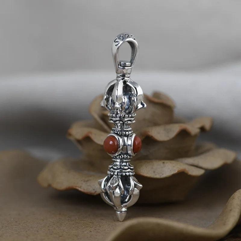 Real Solid 925 Sterling Silver Buddhism Vajra Pendant For Men and Women with Natural Lapis Turquoise Onyx Stone Amulet Jewelry - GQTORCH Jewelry