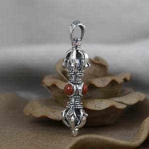 Real Solid 925 Sterling Silver Buddhism Vajra Pendant For Men and Women with Natural Lapis Turquoise Onyx Stone Amulet Jewelry - GQTORCH Jewelry