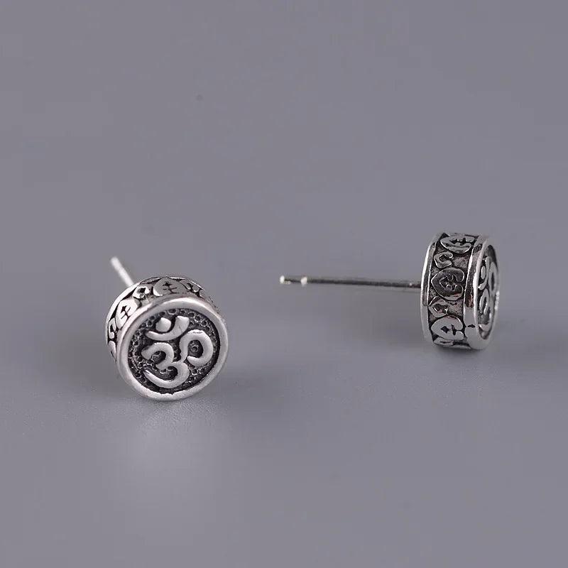 Real 925 Sterling Silver OM Mantra Stud Earrings For Women and Men Retro Antique Style Six-Word Sutra Buddhism Jewelry - GQTORCH Jewelry