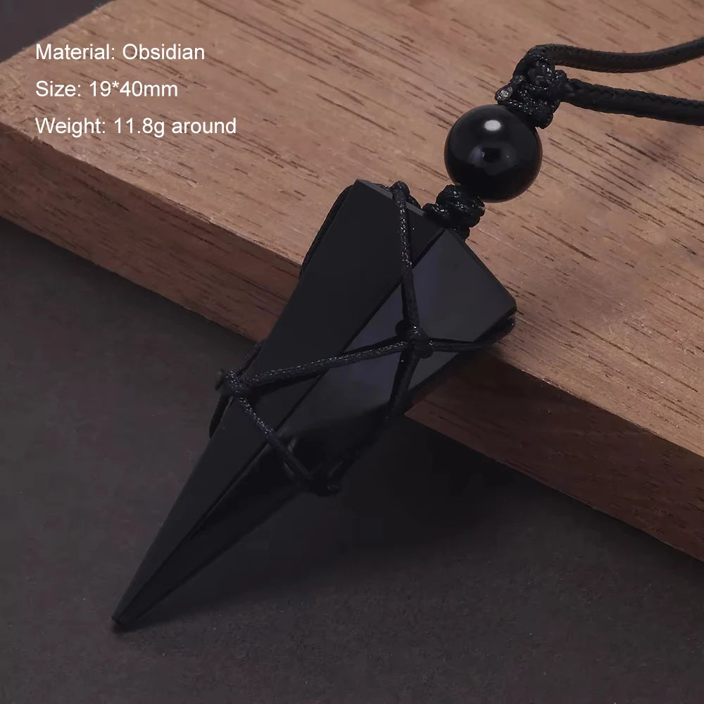 Natural Stone Geometric Pendant Necklace for Men Black Obsidian Blue Sandstone Adjusted Leather Rope Retro Vintage Jewelry