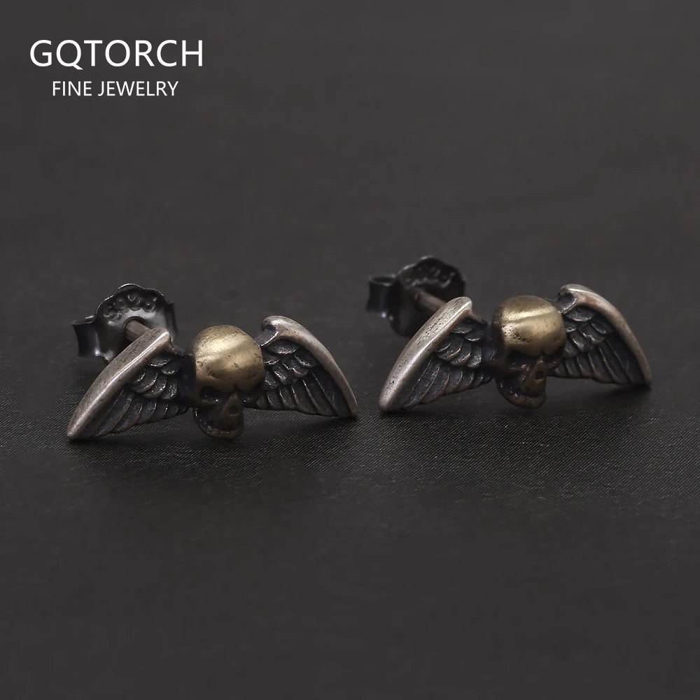 Solid 925 Sterling Silver Skull Angel Wing Stud Earrings for Men Women Punk Retro Street Gothic Ear Studs Creative Jewelry