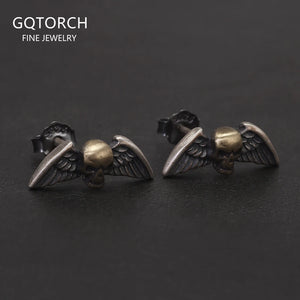 Solid 925 Sterling Silver Skull Angel Wing Stud Earrings for Men Women Punk Retro Street Gothic Ear Studs Creative Jewelry