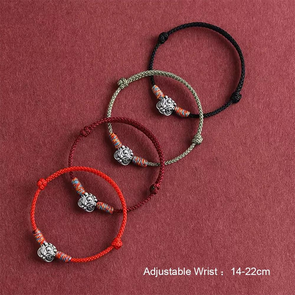 S999 Sterling Silver Lion Handmade Braid Rope Colorful Bracelet for Men and Women Good Luck Retro Animal Jewelry Gift - GQTORCH Jewelry