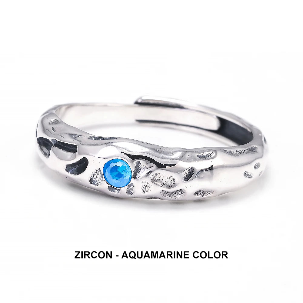 Solid 925 Sterling Silver Zircon Birthstone Ring for Women Irregular Hammered Adjustable Simple Fashion Daily Jewelry Party Gift