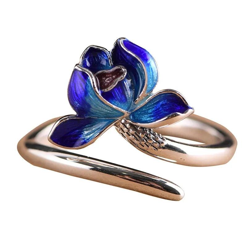 Real 925 Sterling Silver Lotus Open Rings for Women Enameling Flower Finger Ring Resizable Fine Jewelry - GQTORCH Jewelry