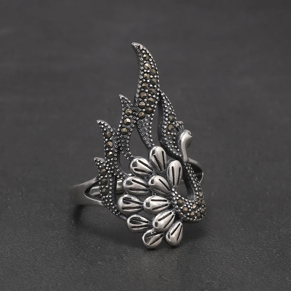 925 Sterling Silver Vintage Peacock Ring for Women Micro Inlaid Hematite Ethnic Style Party Jewelry Gift for Lady Mom