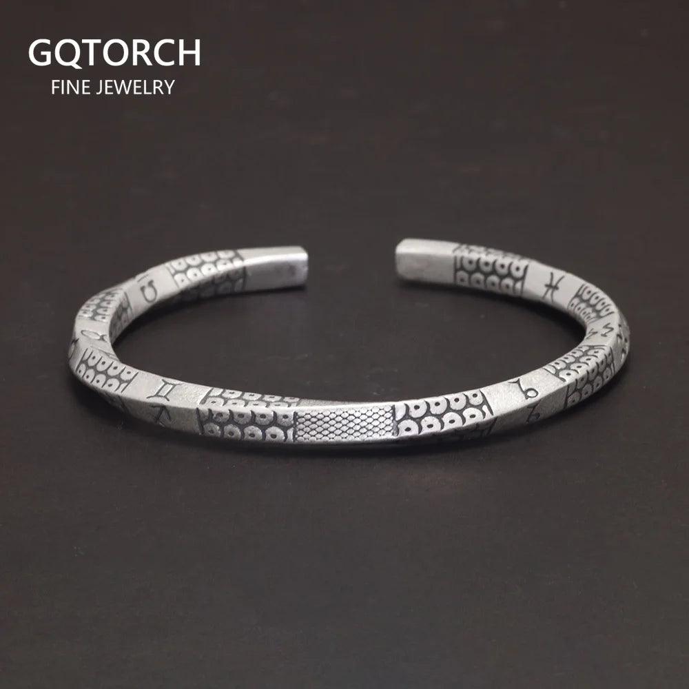 Solid 999 Sterling Silver Constellation Symbol Twisted Bracelet Carved Mobius Open Men Women Bangle Antique Ethnic Jewelry - GQTORCH Jewelry