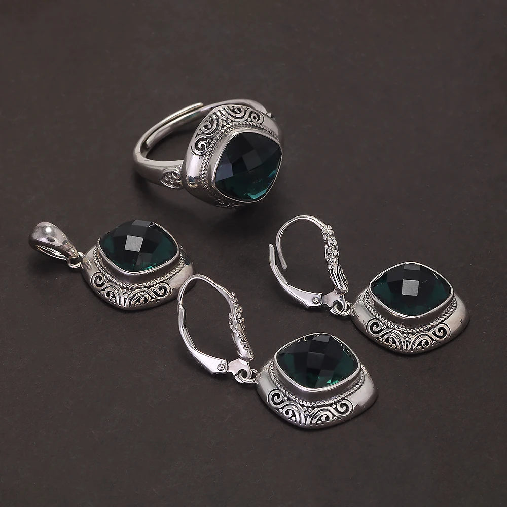 Handmade 925 Sterling Silver Women's Ethnic Jewelry Set Man-made Emerald Ring Earrings Pendant Fashion Vintage Style Jewelry