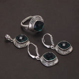 Handmade 925 Sterling Silver Women's Ethnic Jewelry Set Man-made Emerald Ring Earrings Pendant Fashion Vintage Style Jewelry