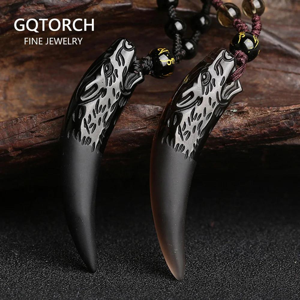 Natural Stone Black And Ice Obsidian Pendant Necklace Wolf Tooth Amulets And Talismans Couple Necklace For Women And Men - GQTORCH Jewelry