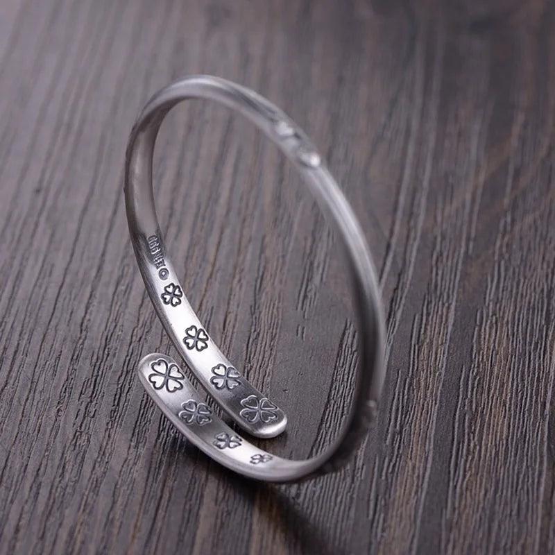 Real Pure 999 Sterling Silver Lotus Cuff Bracelet For Women Flower Engraving Buddhist Jewelry - GQTORCH Jewelry