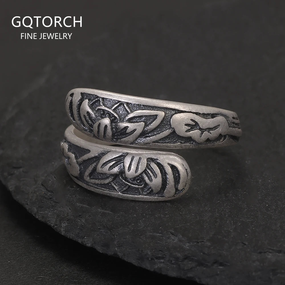 999 Pure Silver Retro Lotus Open Ring for Women Vintage Thai Silver Color Double Layer Adjustable Ethnic Female Jewelry Gift