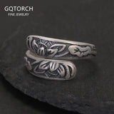 999 Pure Silver Retro Lotus Open Ring for Women Vintage Thai Silver Color Double Layer Adjustable Ethnic Female Jewelry Gift