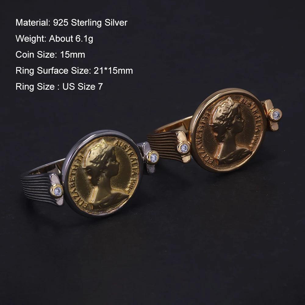 Queen Elizabeth Flipping Silver Coin Reversible Ring Women 925 Sterling Silver Gold Plated US Size 7 Rotating Vintage Jewelry - GQTORCH Jewelry