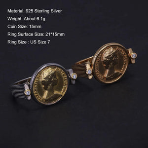 Queen Elizabeth Flipping Silver Coin Reversible Ring Women 925 Sterling Silver Gold Plated US Size 7 Rotating Vintage Jewelry - GQTORCH Jewelry