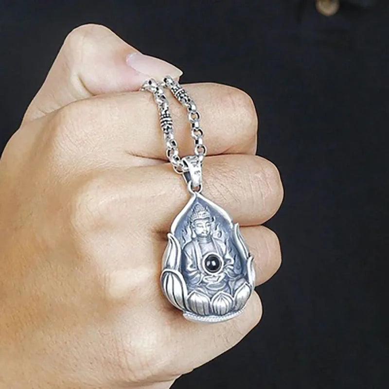 Real 999 Sterling Silver Guanyin Sits on Lotus Milefo Inside The Lens Buddha Mantra Pendant Retro Amulets Six Words Engraved - GQTORCH Jewelry