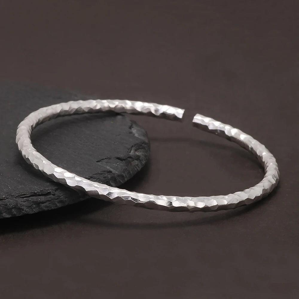 Solid 999 Pure Silver Hammered Cuff Bangle for Women Minimalist Retro Design Birthday Party Jewelry for Lady - GQTORCH Jewelry