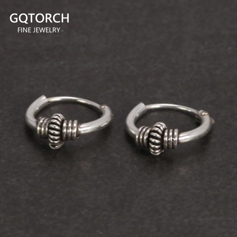 Real 925 Sterling Silver Hoop Earrings With String Ball Retro Antique Style Thai Silver Jewelry For Women Men Cool Fashion - GQTORCH Jewelry