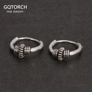 Real 925 Sterling Silver Hoop Earrings With String Ball Retro Antique Style Thai Silver Jewelry For Women Men Cool Fashion - GQTORCH Jewelry