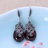 Vintage Dangling Earrings Real 925 Sterling Silver Jewelry Natural Garnet Red Stone Carved Flower Drop Shaped Earrings for Women - GQTORCH Jewelry