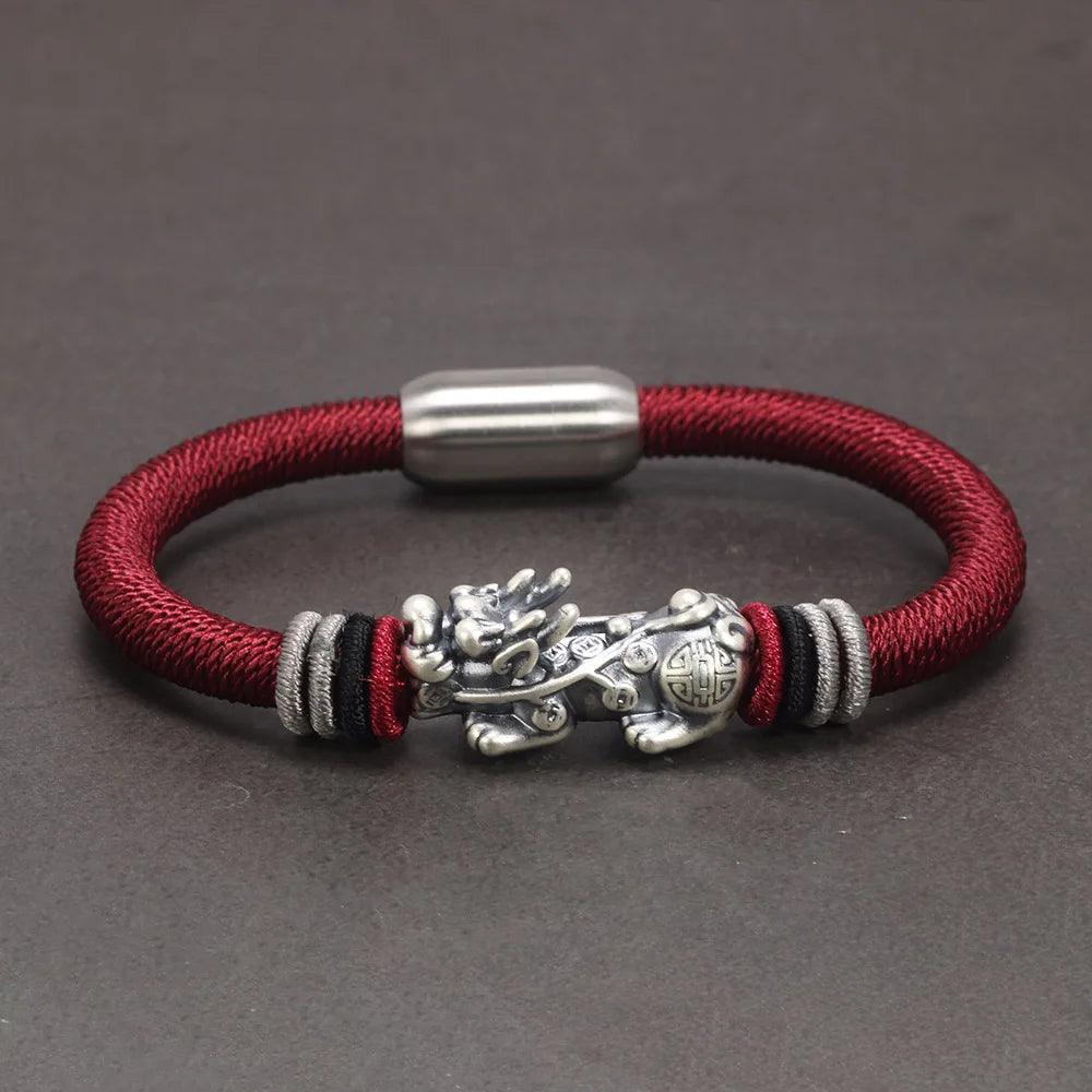 Real 999 Sterling Silver Pixiu Bracelet for Men and Women Magnetic Clasp Hand Braided Lucky Knot Retro Thai Amulet Jewelry - GQTORCH Jewelry
