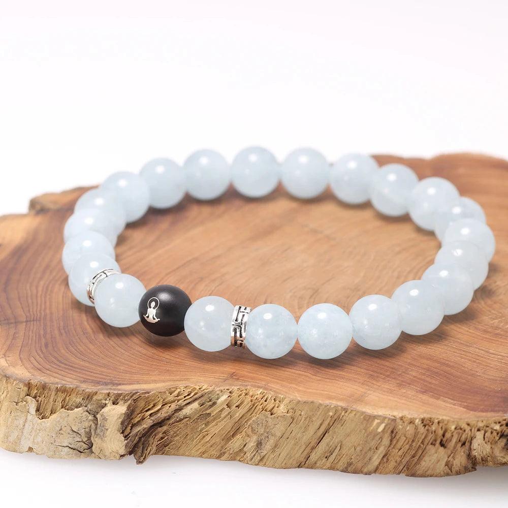 Natural Aquamarine Beads Bracelet with Lotus Finger Meditation Sandalwood Bead 925 Sterling Silver Accessories Men and Women - GQTORCH Jewelry