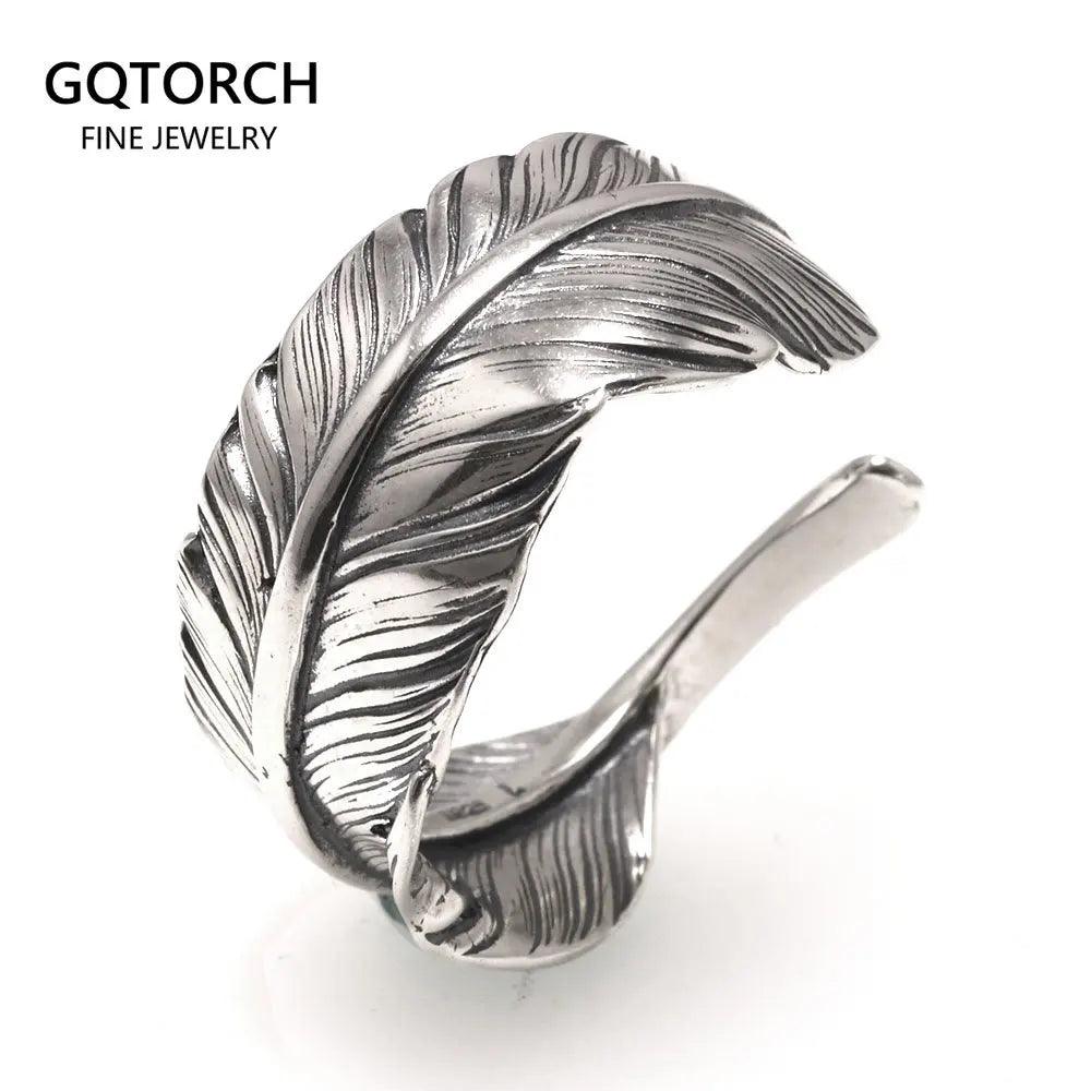 Pure Solid 925 Sterling Silver Vintage Indian Anren Feather Ring Adjustable Japanese Personality Men's and Women's Jewelry - GQTORCH Jewelry