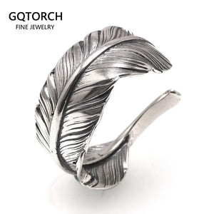 Pure Solid 925 Sterling Silver Vintage Indian Anren Feather Ring Adjustable Japanese Personality Men's and Women's Jewelry - GQTORCH Jewelry
