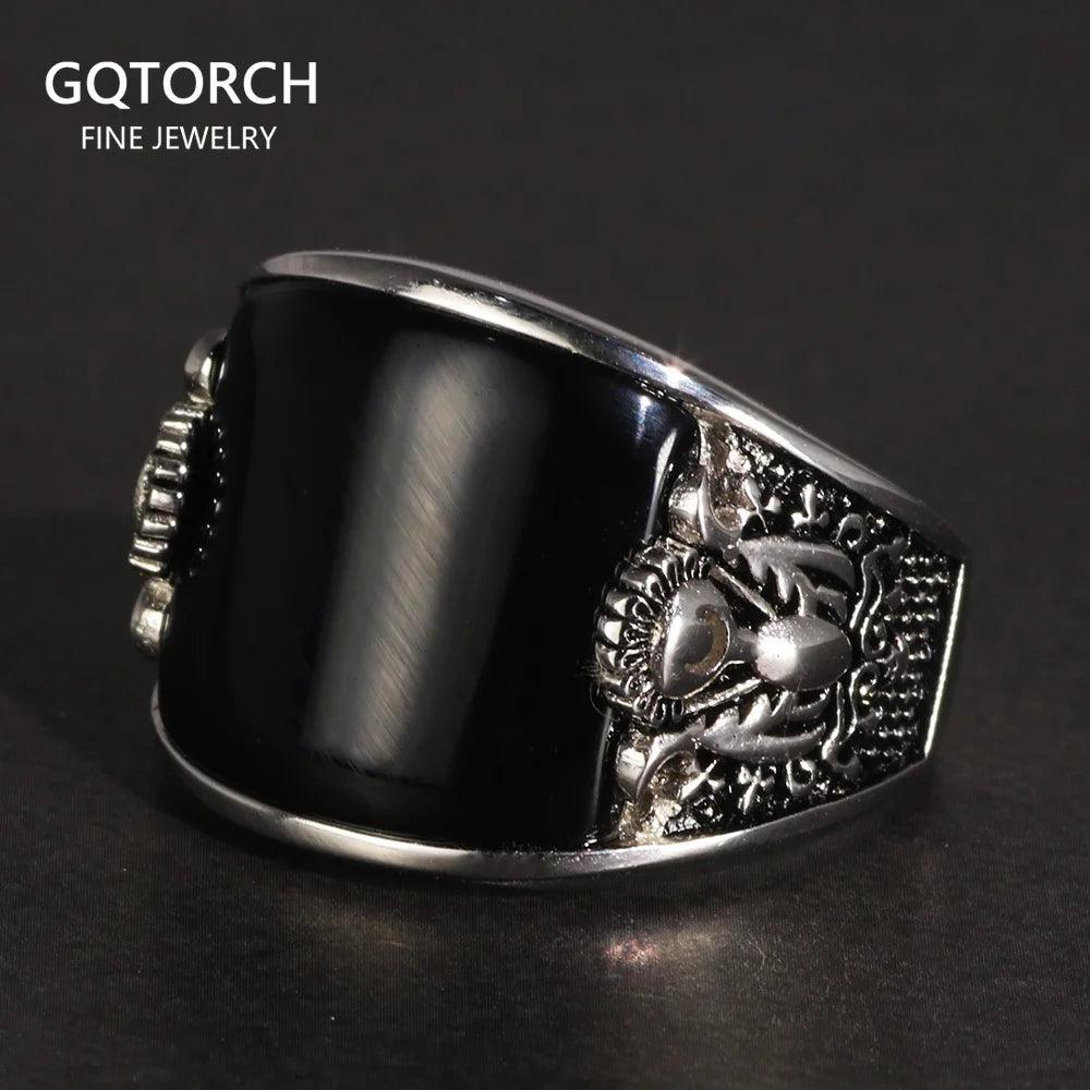 Vintage Punk 925 Rings With Natural Black Onyx Stone Unique Curved Surface Biker Rings For Men - GQTORCH Jewelry