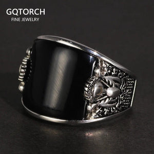Vintage Punk 925 Rings With Natural Black Onyx Stone Unique Curved Surface Biker Rings For Men - GQTORCH Jewelry