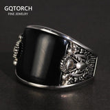Vintage Punk 925 Rings With Natural Black Onyx Stone Unique Curved Surface Biker Rings For Men - GQTORCH Jewelry