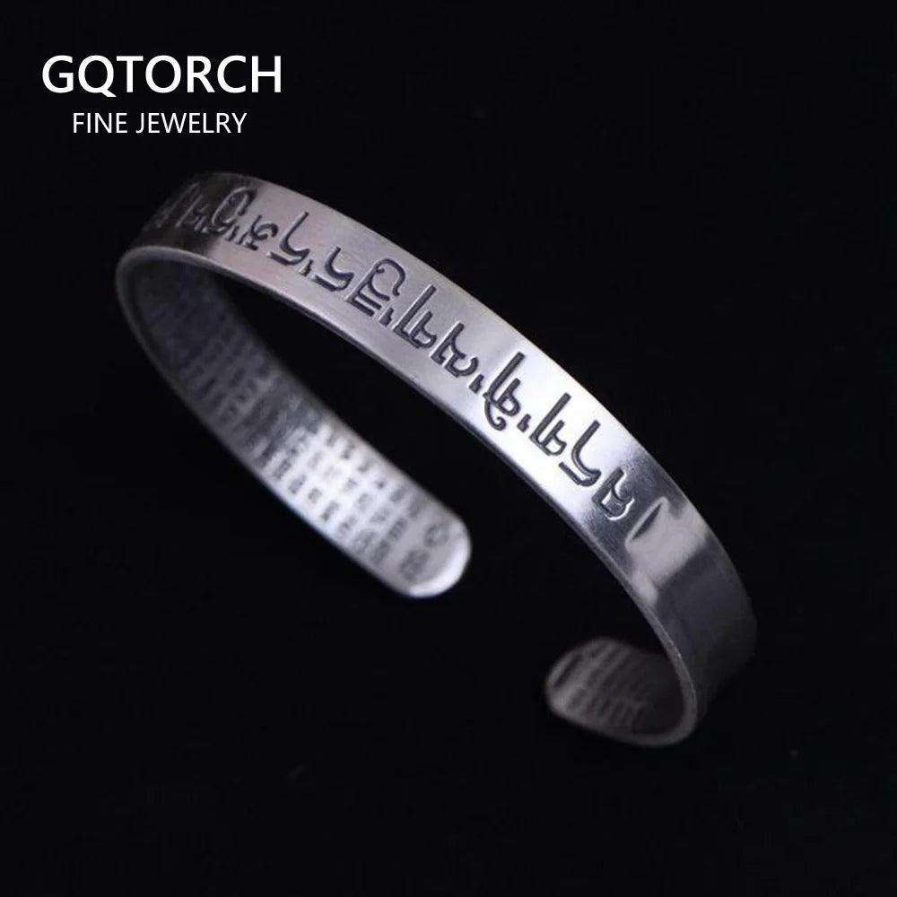Sanskrit Six Words Bangles For Women And Men 999 Pure Silver Opening Cuff Bracelet Lovers Om Mani Padme Hum Buddhism Jewelry - GQTORCH Jewelry
