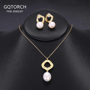 S925 Silver Gold Plated Pearl Necklace and Earrings Natural Freshwater Pearl Jewelry Set Matte Geometric Elegant Accessories - GQTORCH Jewelry