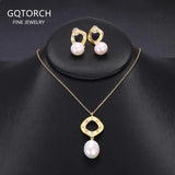 S925 Silver Gold Plated Pearl Necklace and Earrings Natural Freshwater Pearl Jewelry Set Matte Geometric Elegant Accessories - GQTORCH Jewelry