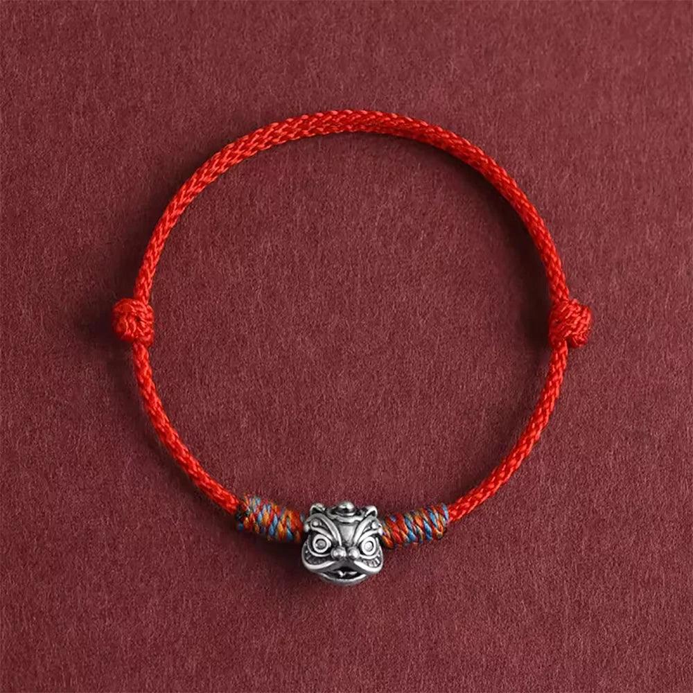 S999 Sterling Silver Lion Handmade Braid Rope Colorful Bracelet for Men and Women Good Luck Retro Animal Jewelry Gift - GQTORCH Jewelry