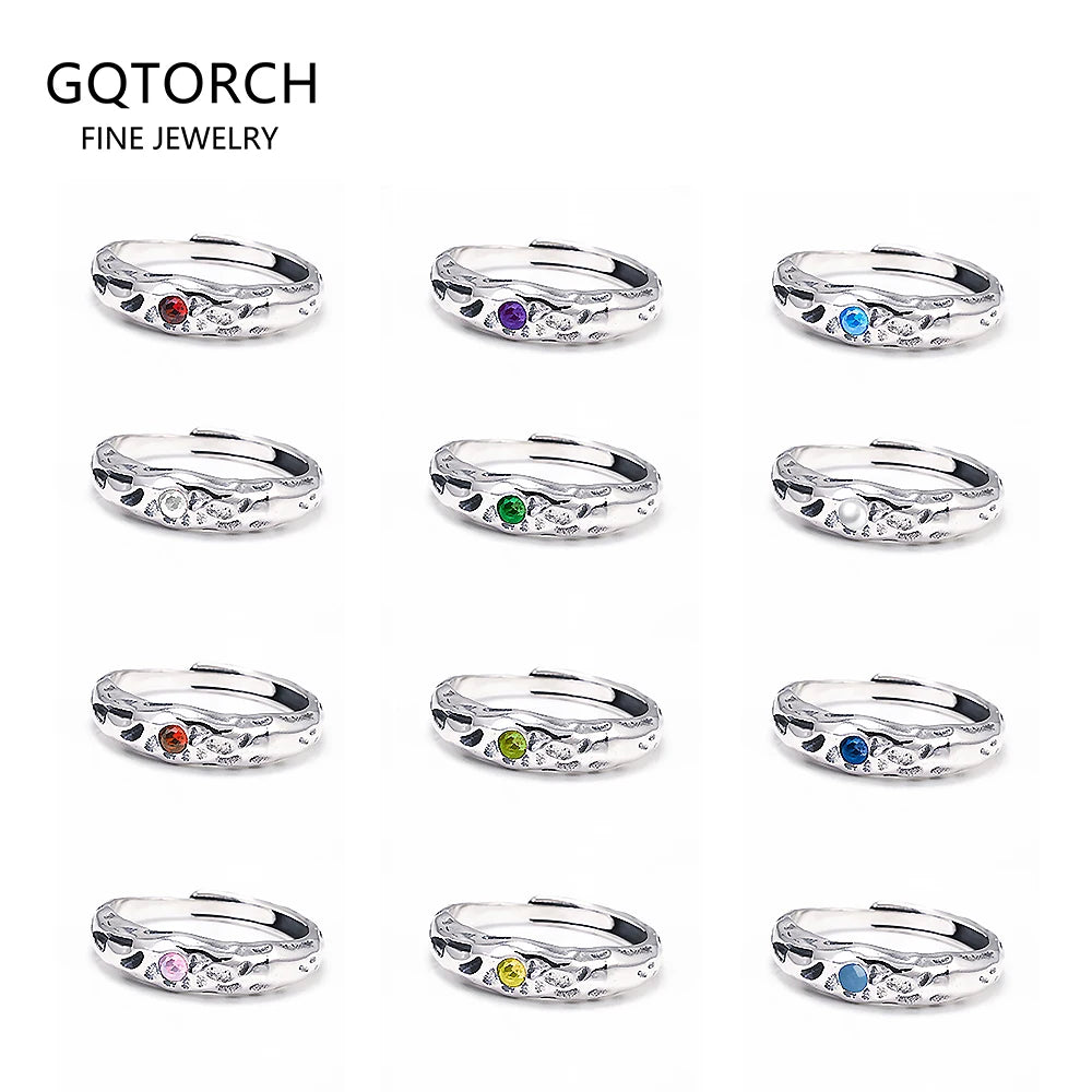 Solid 925 Sterling Silver Zircon Birthstone Ring for Women Irregular Hammered Adjustable Simple Fashion Daily Jewelry Party Gift