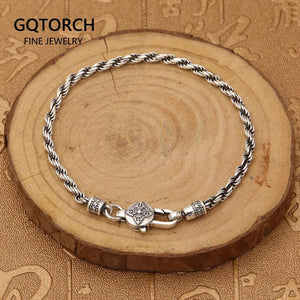 Real 925 Sterling Silver Braided Rope Chain Bracelets Tibetan Buddhism Mantra Six Words And Vajra Engraved Prayer Jewelry - GQTORCH Jewelry