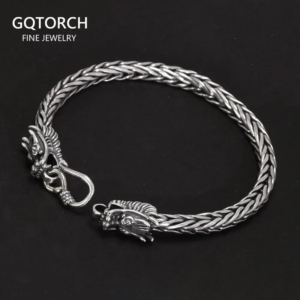 Real Pure 925 Sterling Silver Double Dragon Heads Wristband Handwoven Chain Bracelet Viking Jewelry - GQTORCH Jewelry