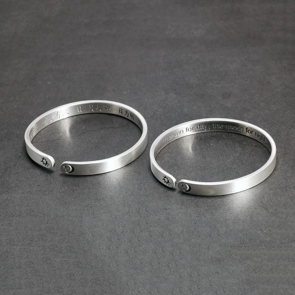 Solid 999 Sterling Silver Jewelry Couple Bangles for Lovers' Sun and Moon Engraved Design Retro Punk Steampunk Accessories - GQTORCH Jewelry