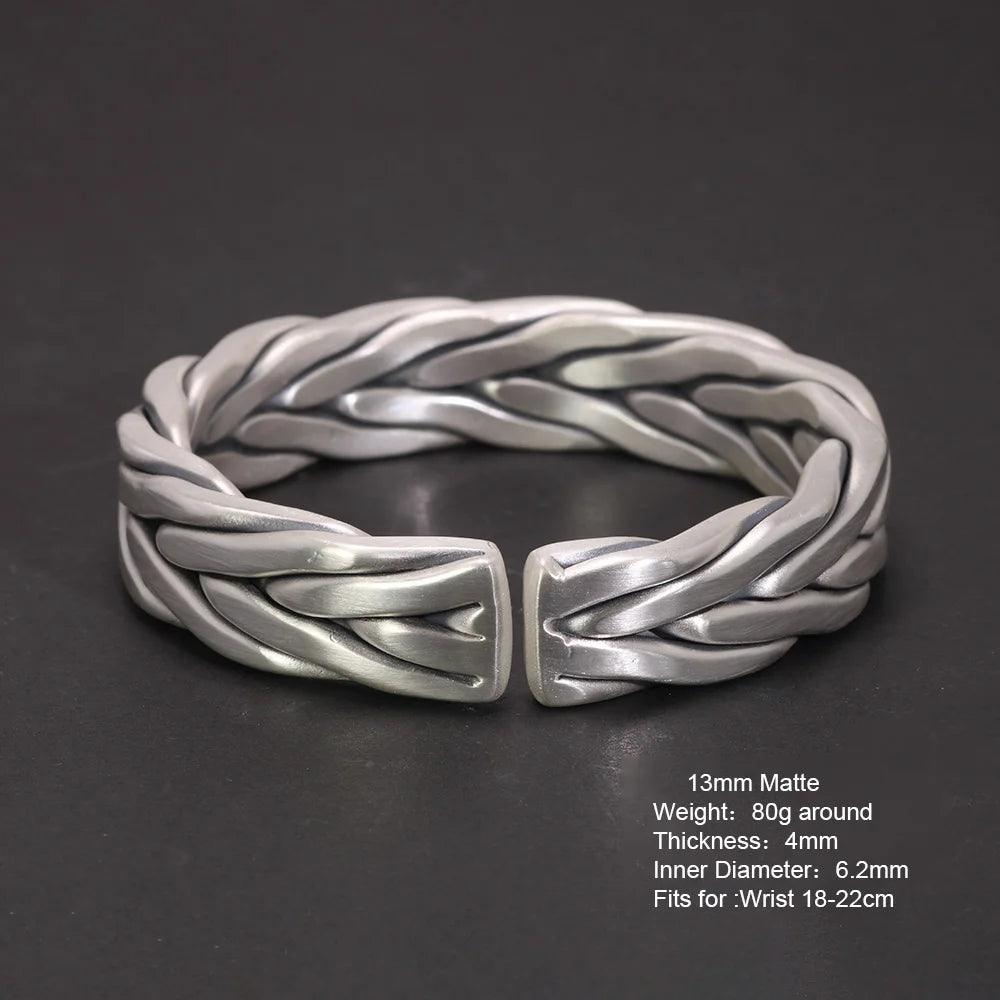 Heavy 999 Sterling Silver Braided Bracelet For Men Retro Solid Thick Handmade Viking Jewelry Opening Adjustable - GQTORCH Jewelry