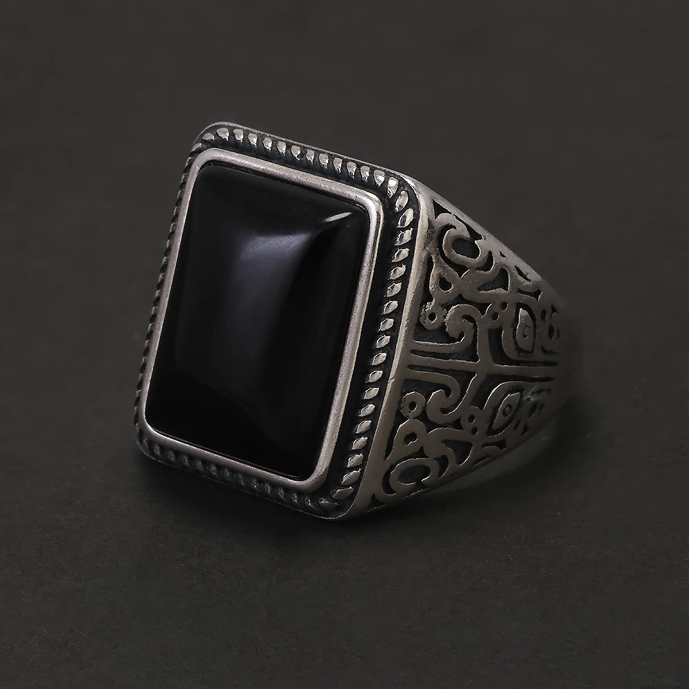 925 Sterling Silver Black Onyx Signet Ring for Men Natural Stone Cool Retro Vintage Punk Turkish Rings Biker Male Jewelry Gift