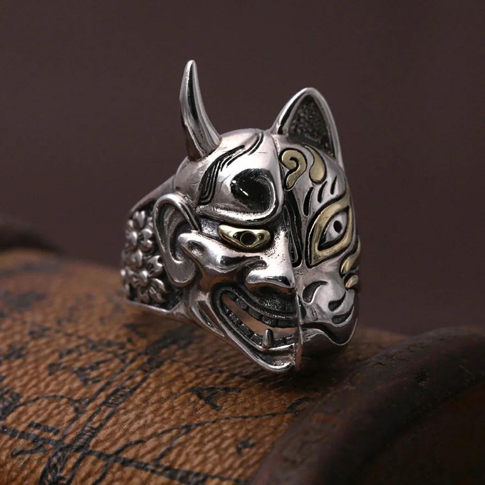 Real Solid 925 Sterling Silver Hannya Mask Ring for Men Retro Vintage Cool Big Mens Biker Ring Buddhism Jewelry - GQTORCH Jewelry