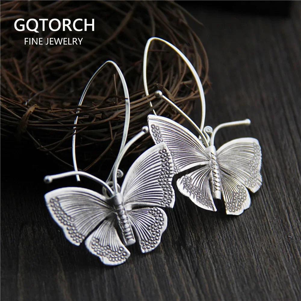 Real Pure 100% 925 Sterling Silver Exaggerated Large Butterfly Drop Earrings For Women Handmade Vintage Style - GQTORCH Jewelry